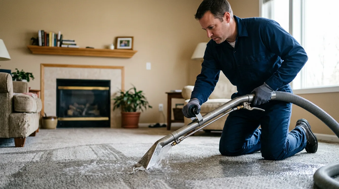 Water damage restoration technician working near Aurora, OH